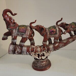 Elephant Trio Figurine Decor Boho Mosaic Saddle Good Luck Elephant Statue